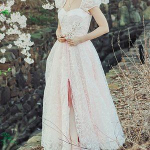 Pink Ivory Lace Floral Floor Length Prom Gown